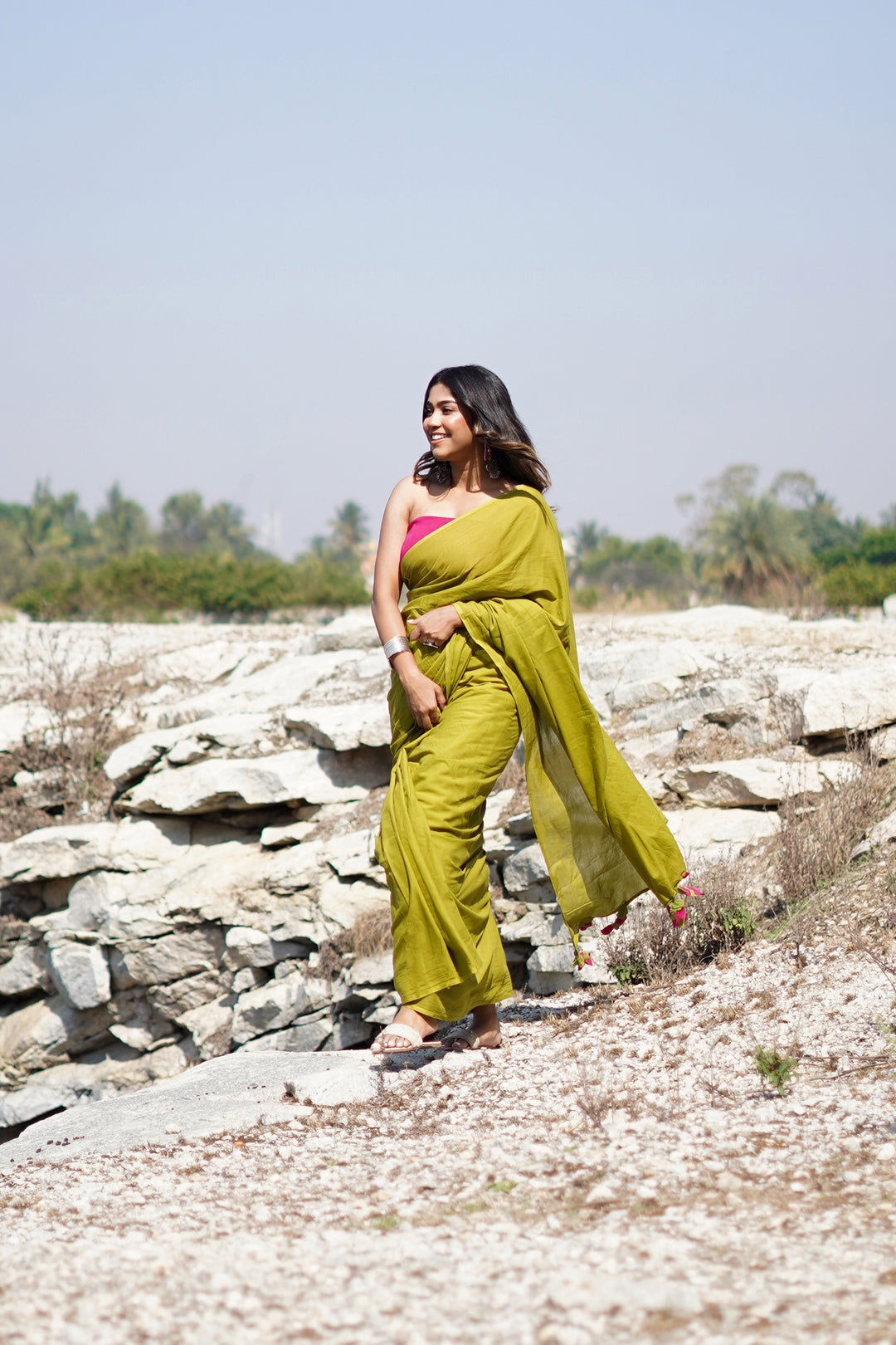 Teejh Lime and Berry Olive and Hot Pink Mulmul Saree
