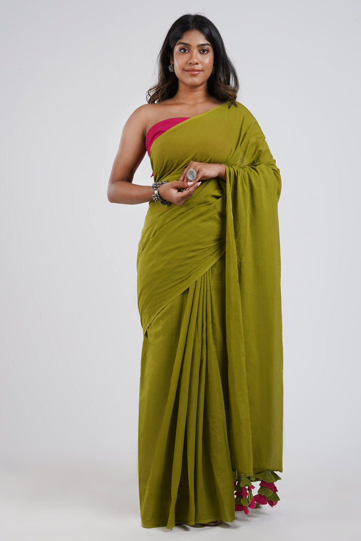 Teejh Lime and Berry Olive and Hot Pink Mulmul Saree