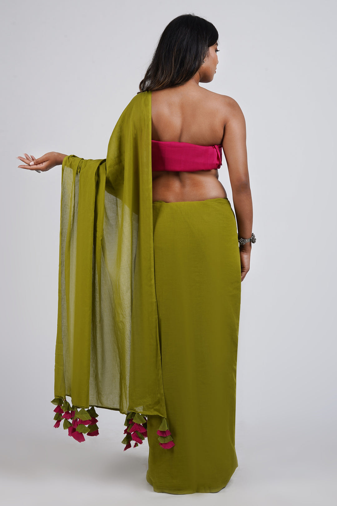 Teejh Lime and Berry Olive and Hot Pink Mulmul Saree
