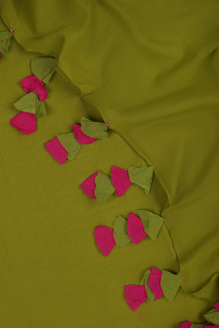 Teejh Lime and Berry Olive and Hot Pink Mulmul Saree