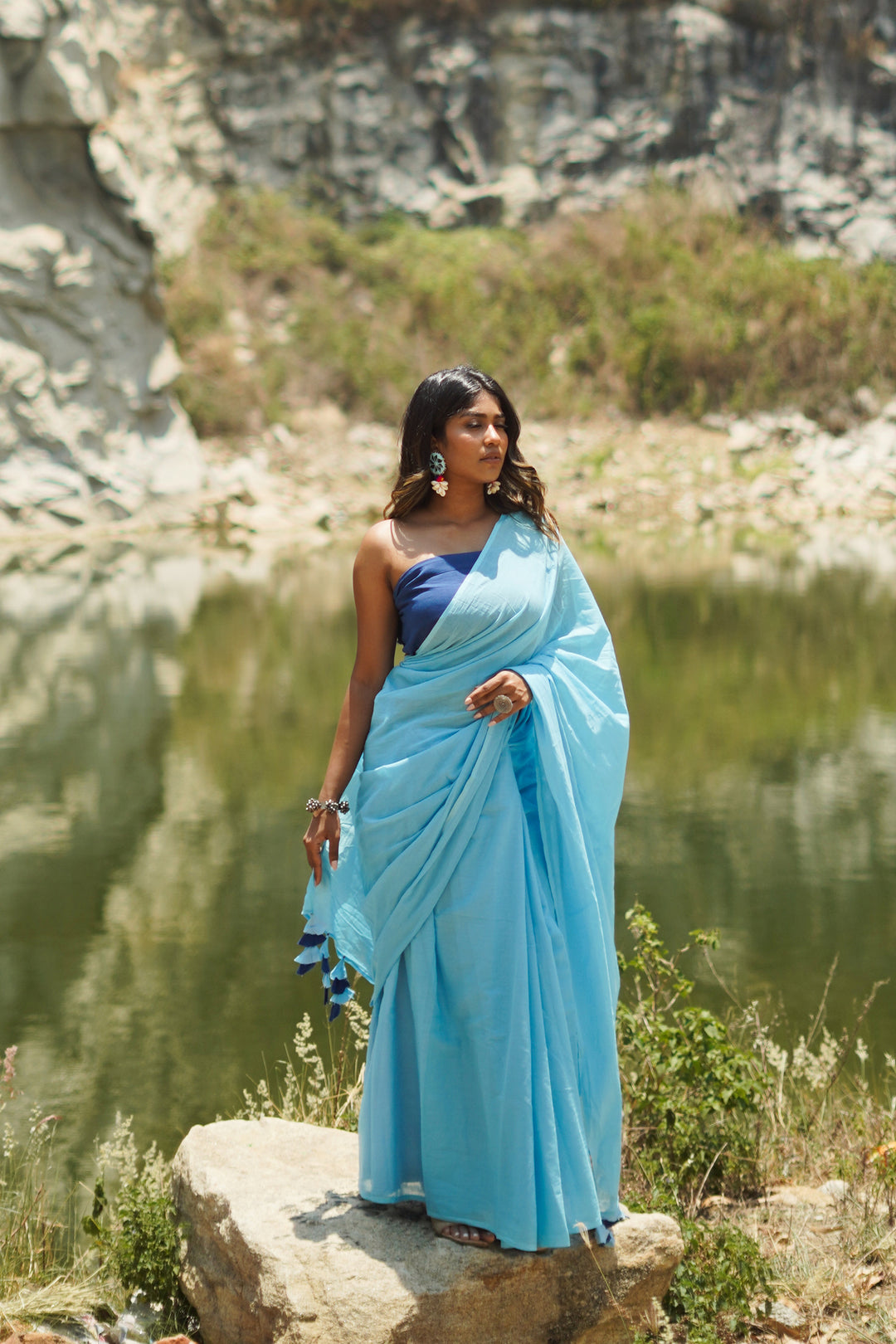 Teejh Vanilla and Berry Light Blue and Royal Blue Mulmul Saree