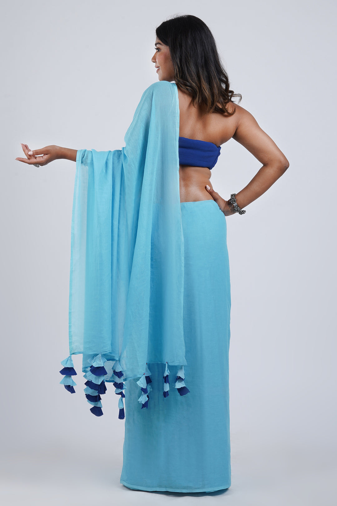 Teejh Vanilla and Berry Light Blue and Royal Blue Mulmul Saree