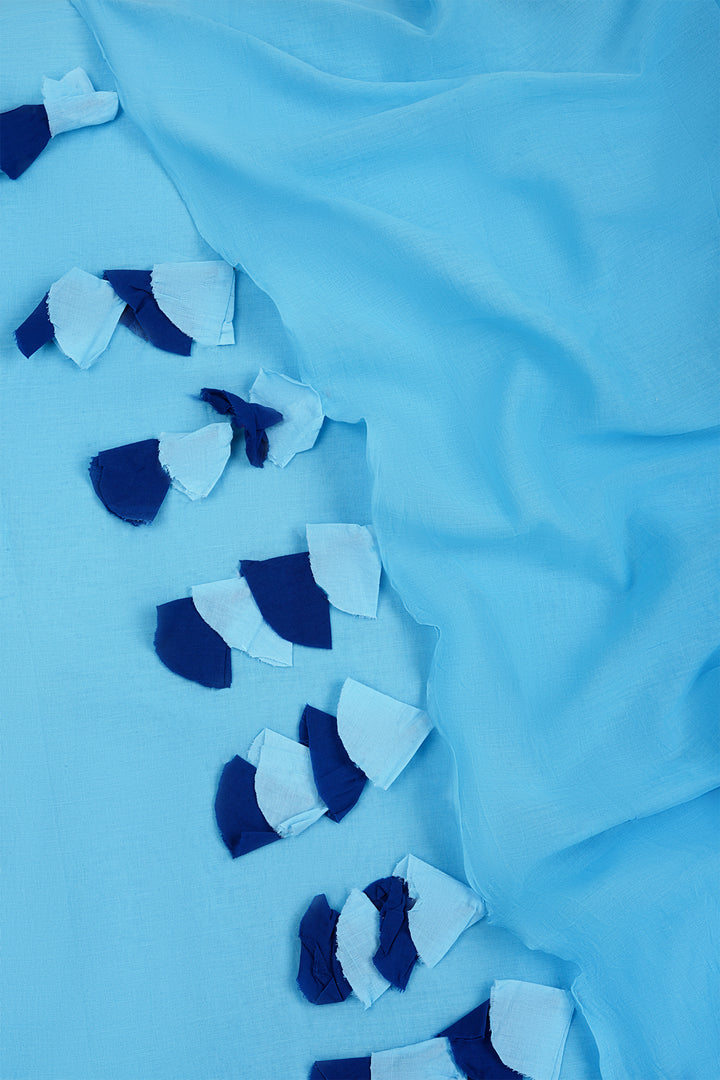 Teejh Vanilla and Berry Light Blue and Royal Blue Mulmul Saree