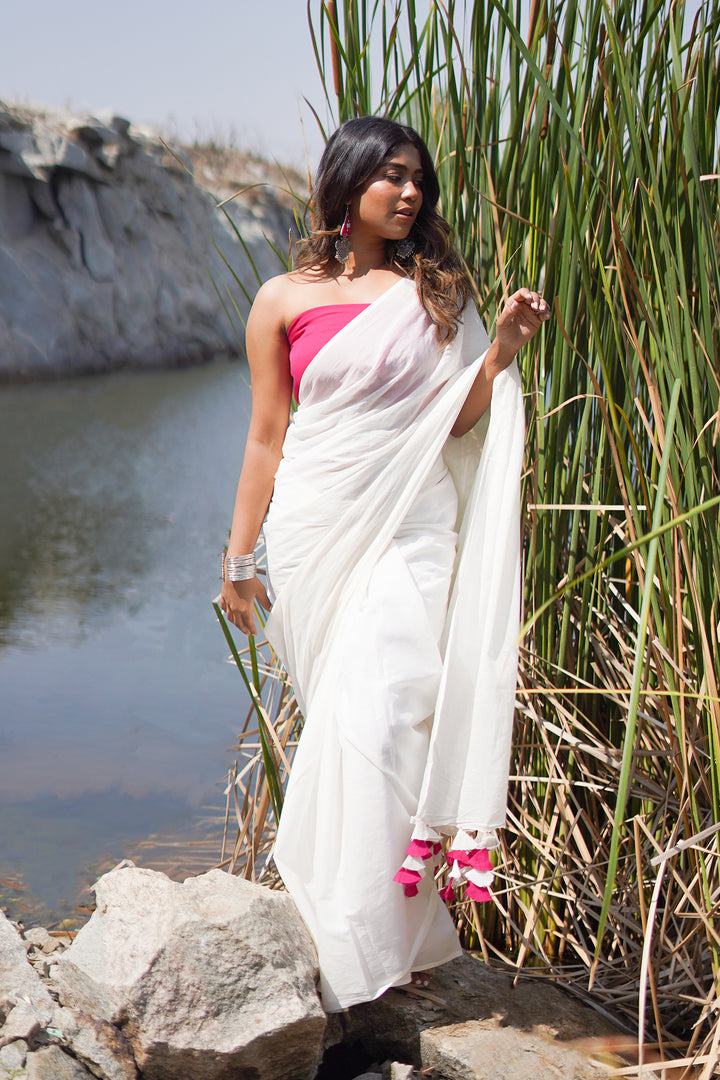 Teejh Vanilla and Cherry White and Hot Pink Mulmul Saree