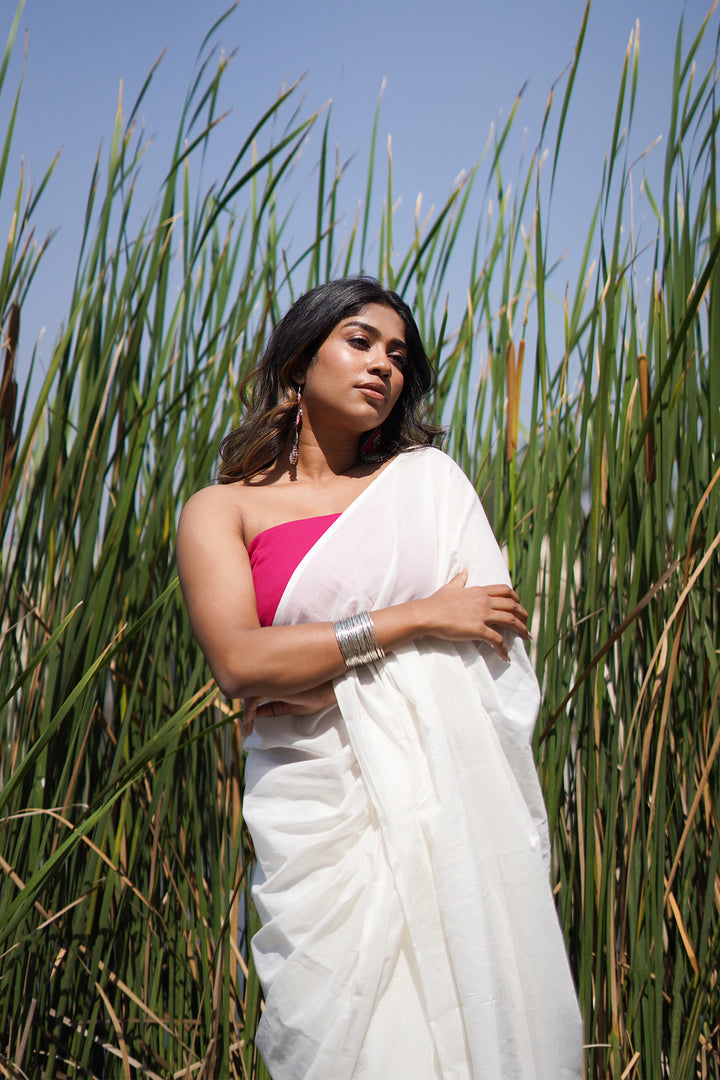 Teejh Vanilla and Cherry White and Hot Pink Mulmul Saree