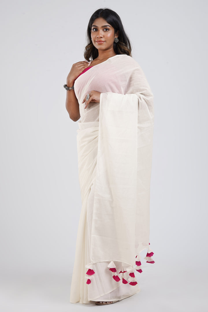 Teejh Vanilla and Cherry White and Hot Pink Mulmul Saree