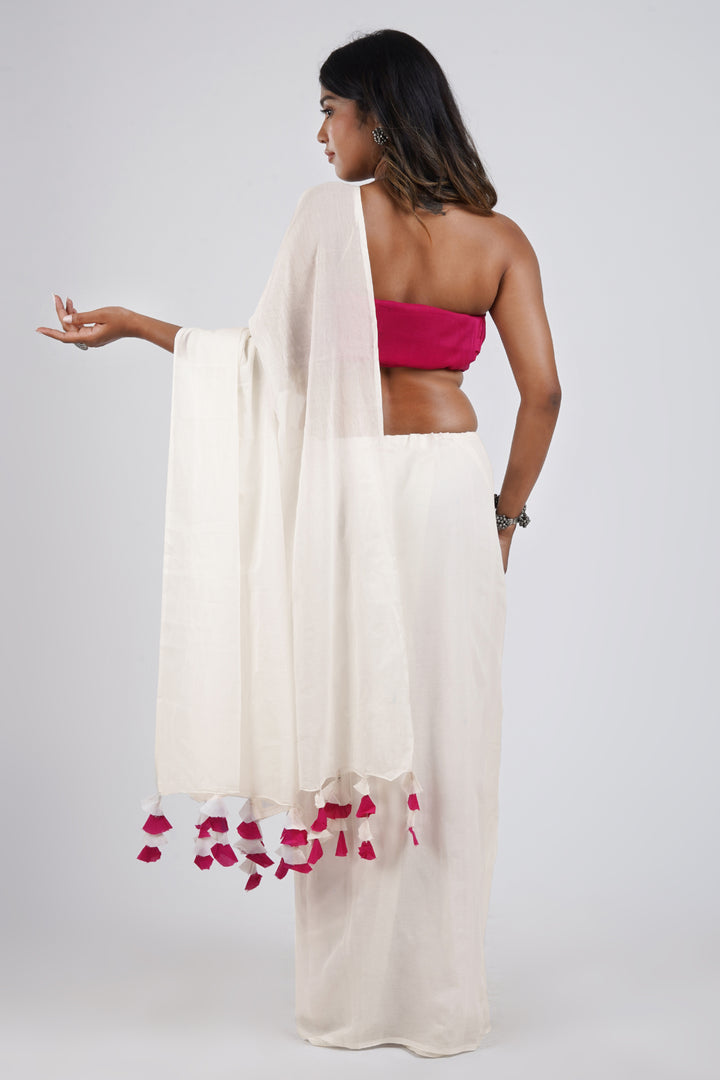 Teejh Vanilla and Cherry White and Hot Pink Mulmul Saree