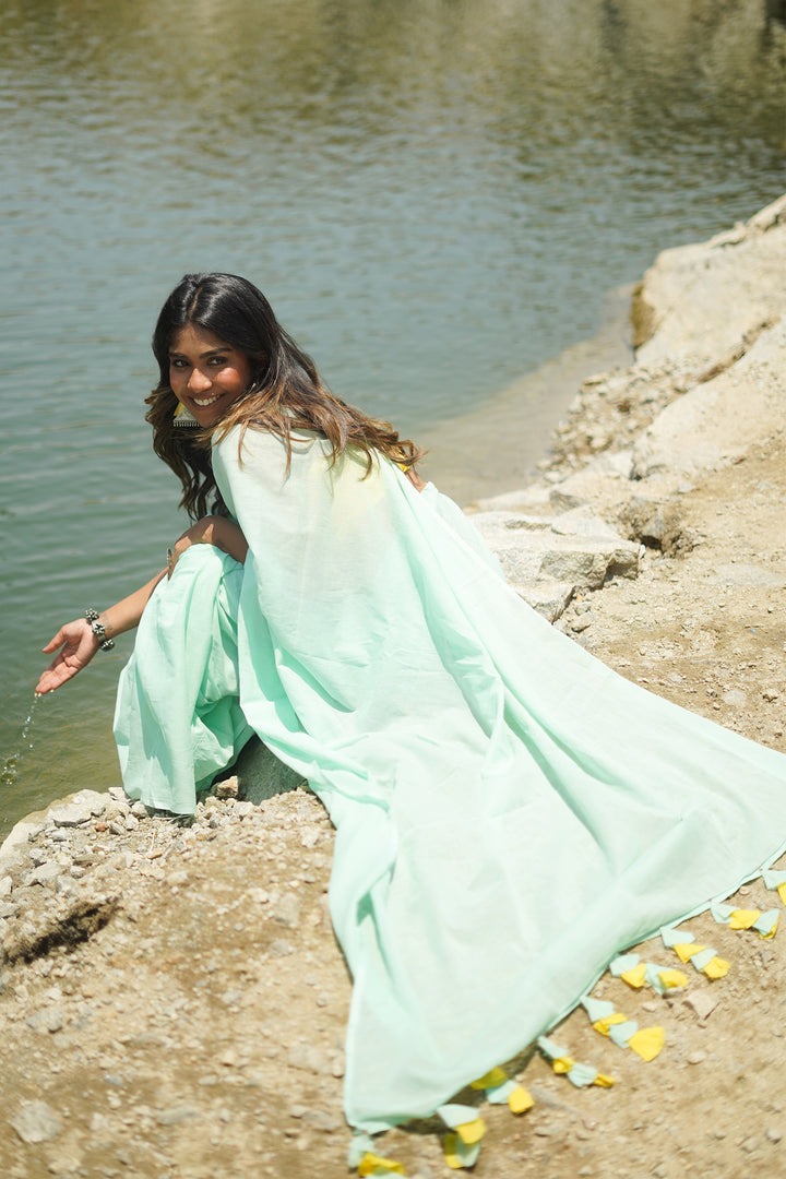Teejh Piña Colada Punch Mint Green and Yellow Mulmul Saree