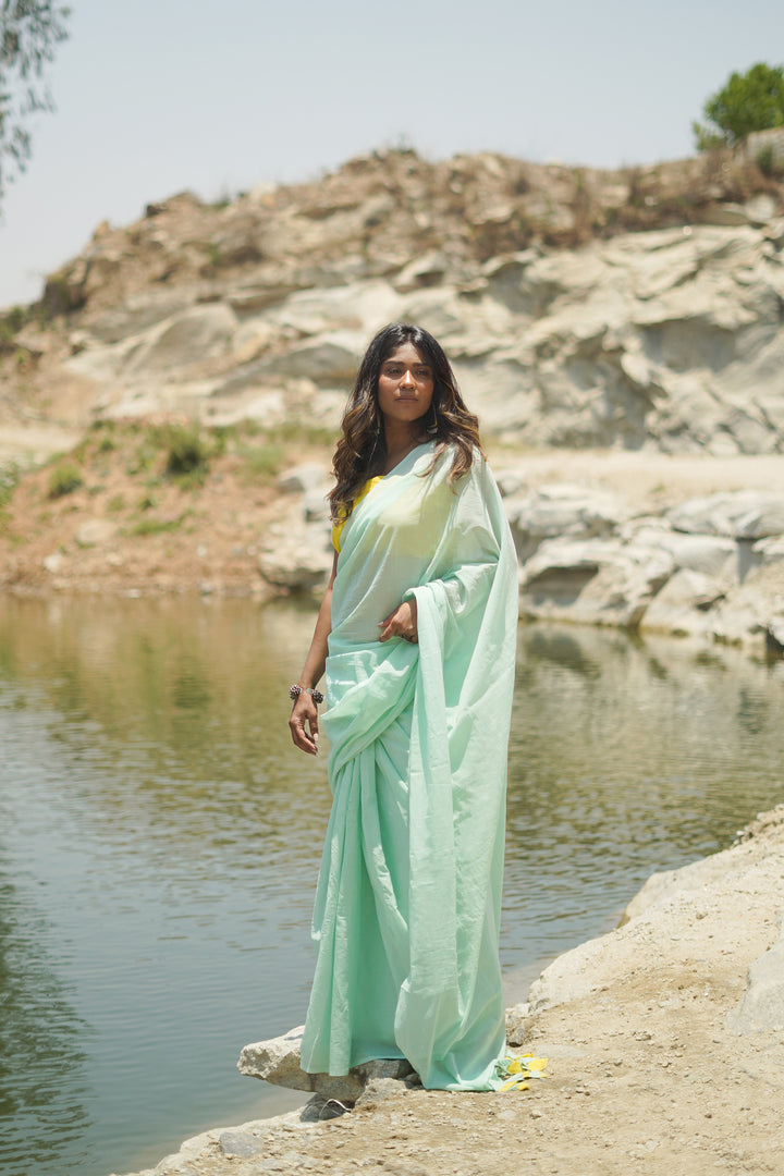 Teejh Piña Colada Punch Mint Green and Yellow Mulmul Saree