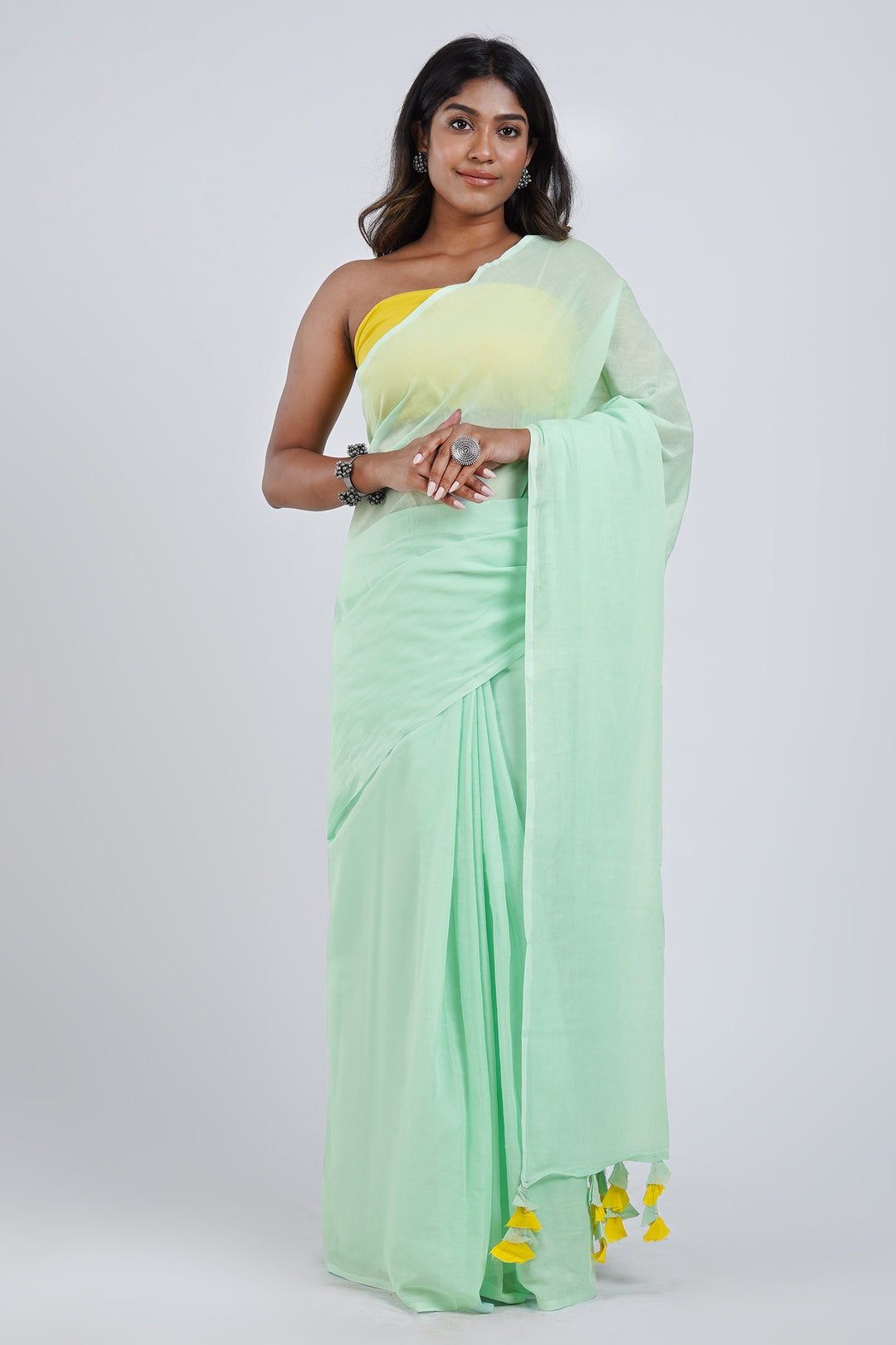 Teejh Piña Colada Punch Mint Green and Yellow Mulmul Saree