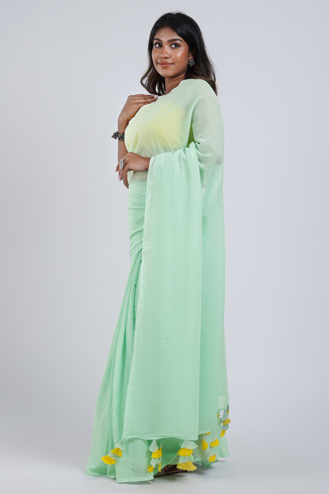 Teejh Piña Colada Punch Mint Green and Yellow Mulmul Saree