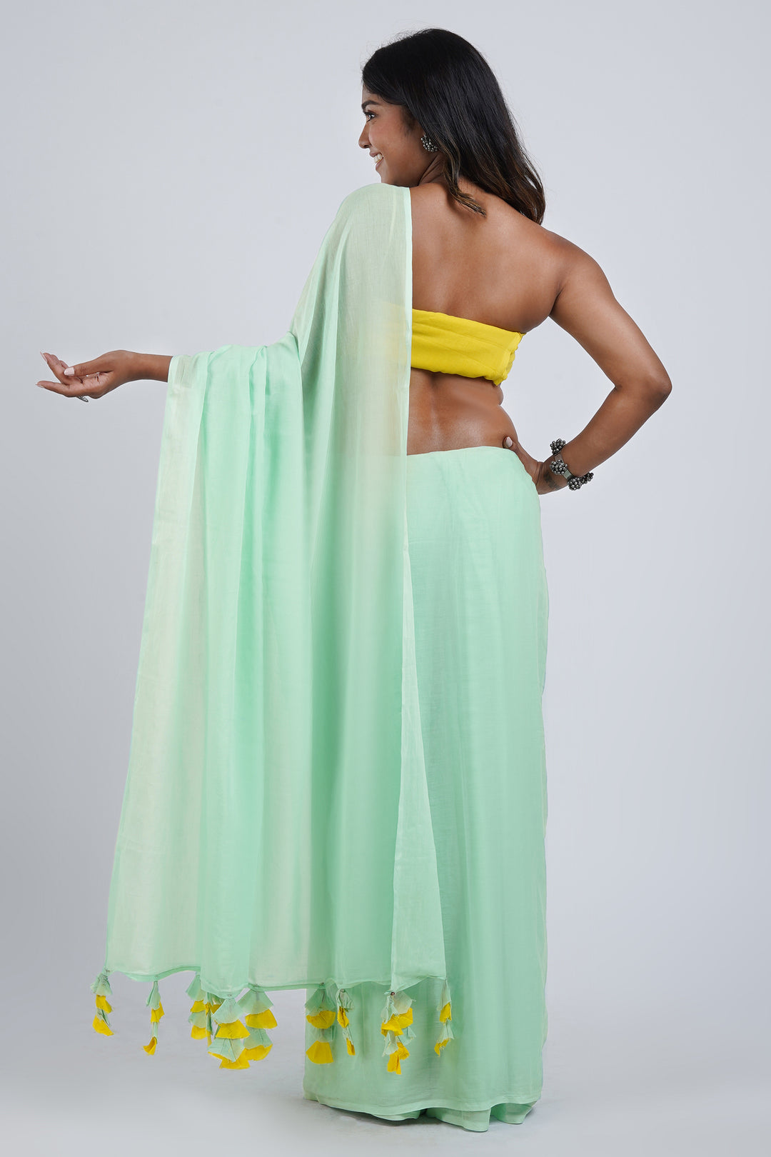 Teejh Piña Colada Punch Mint Green and Yellow Mulmul Saree