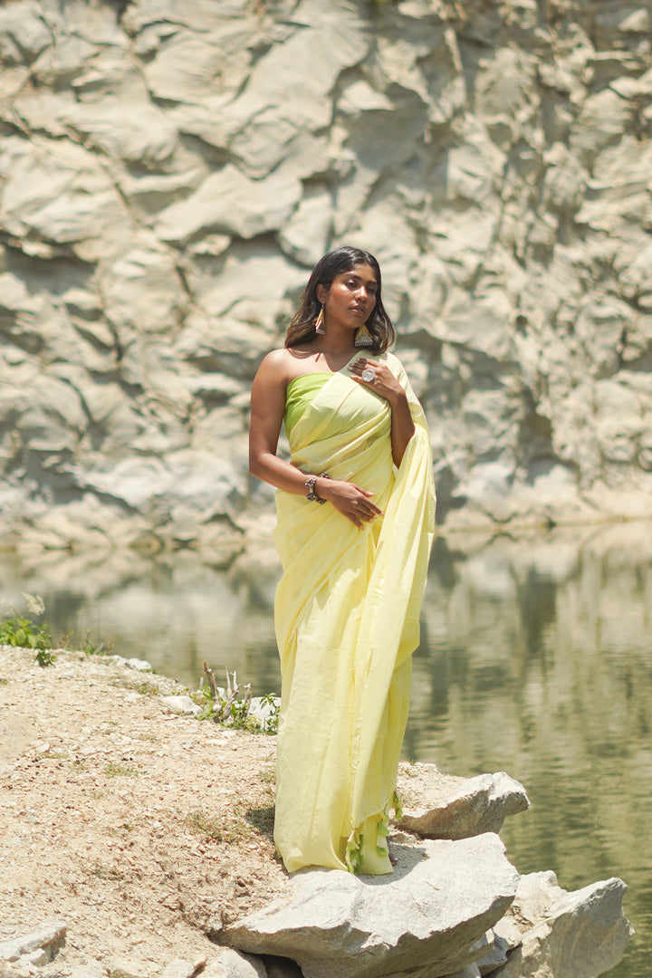 Teejh Lemon and Lime Light Yellow and Green Mulmul Saree