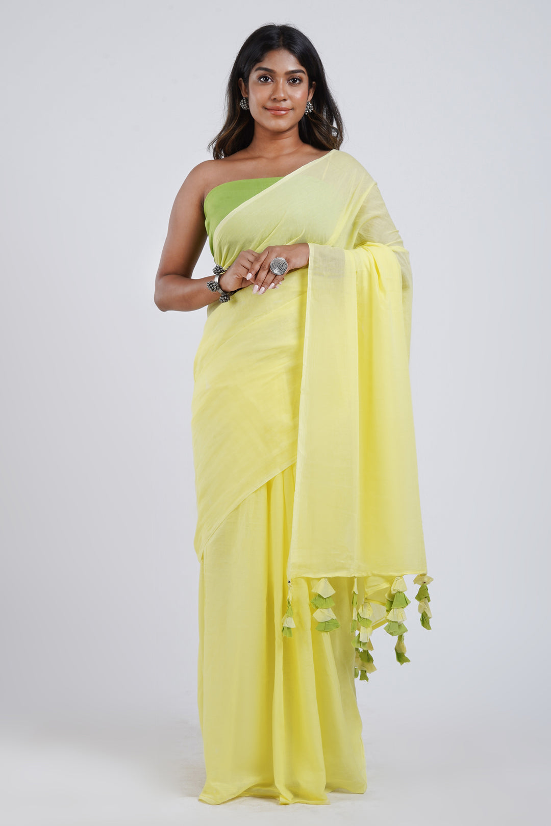 Teejh Lemon and Lime Light Yellow and Green Mulmul Saree