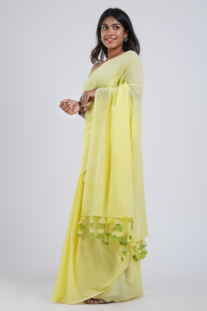 Teejh Lemon and Lime Light Yellow and Green Mulmul Saree