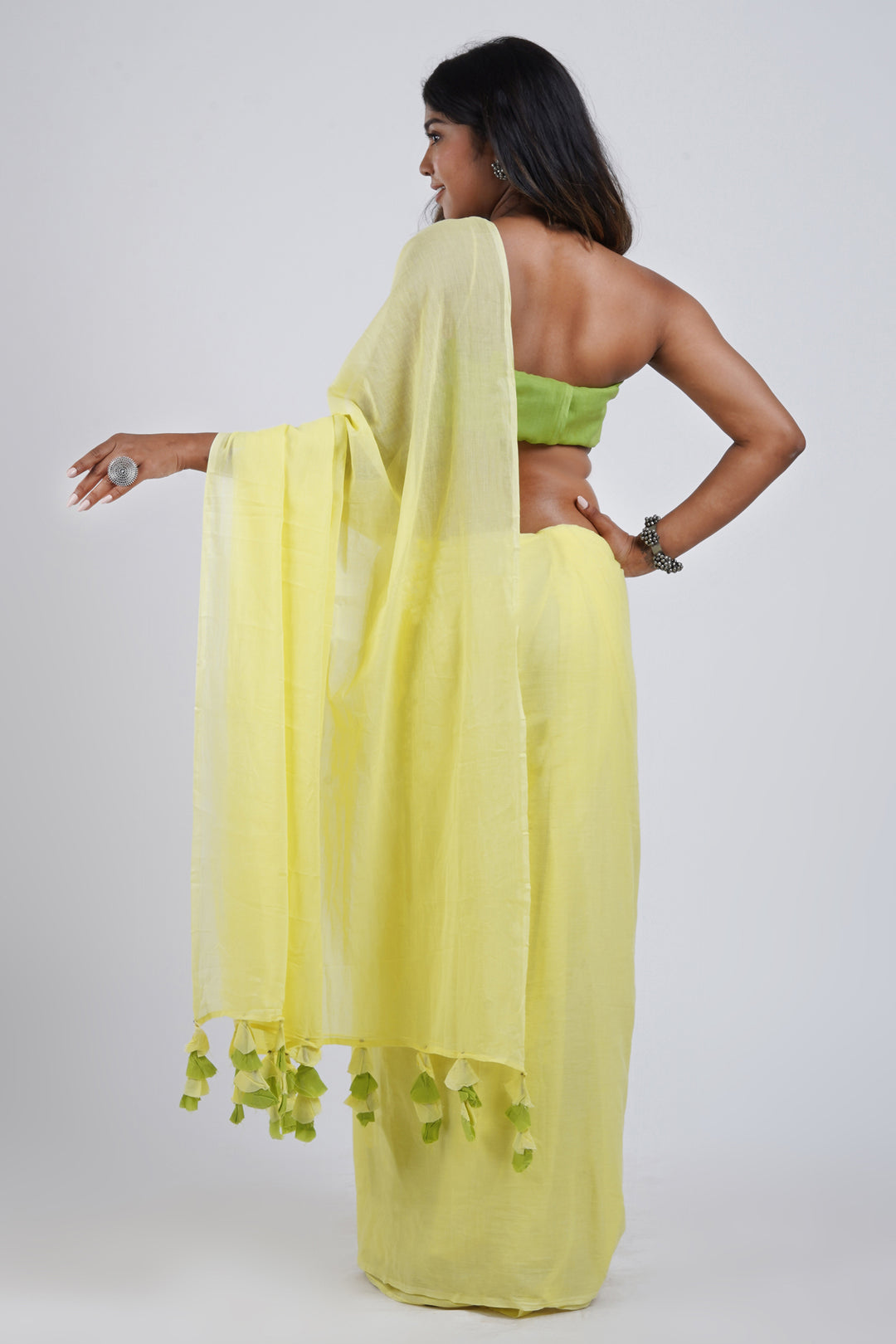 Teejh Lemon and Lime Light Yellow and Green Mulmul Saree