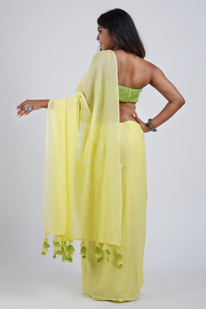 Teejh Lemon and Lime Light Yellow and Green Mulmul Saree