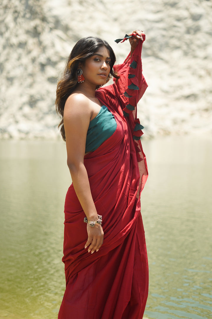 Teejh Very Cherry Maroon and Dark Green Mulmul Saree