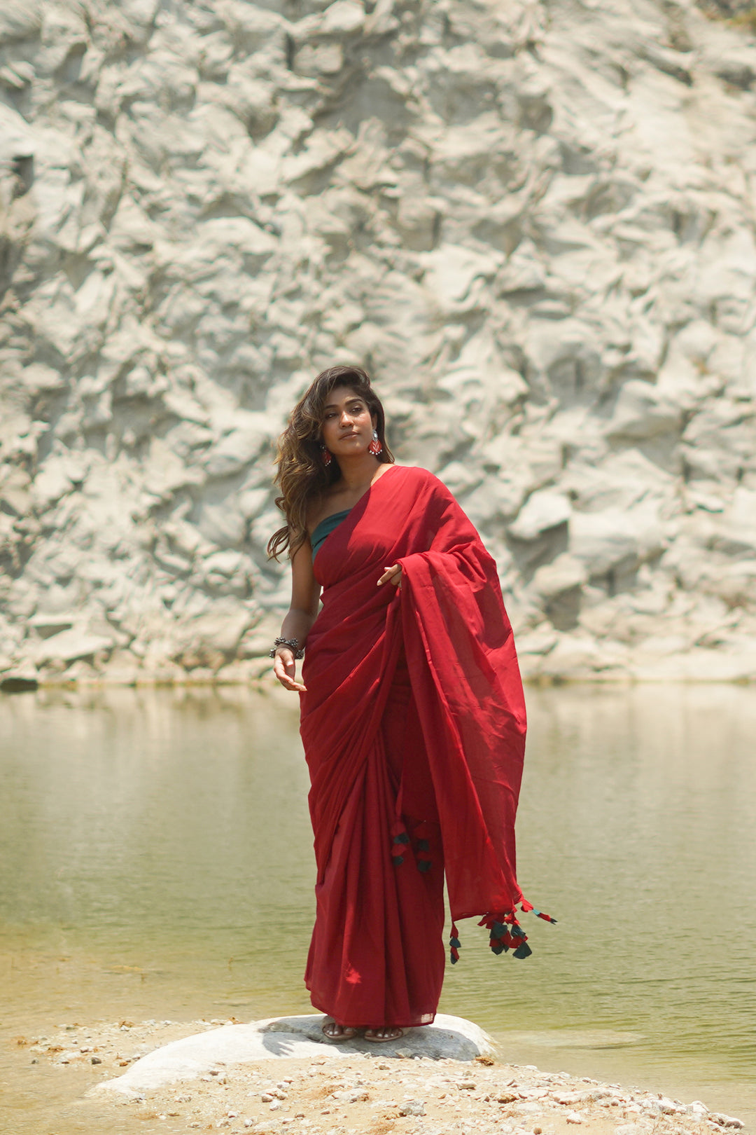 Teejh Very Cherry Maroon and Dark Green Mulmul Saree