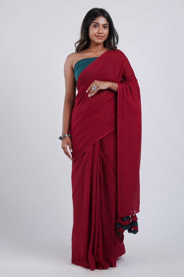 Teejh Very Cherry Maroon and Dark Green Mulmul Saree