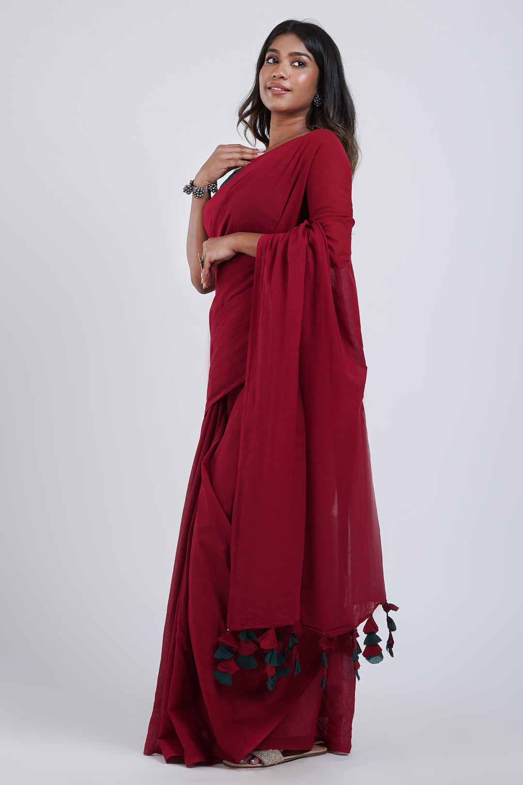 Teejh Very Cherry Maroon and Dark Green Mulmul Saree