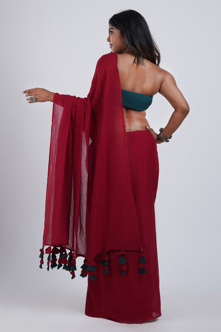 Teejh Very Cherry Maroon and Dark Green Mulmul Saree