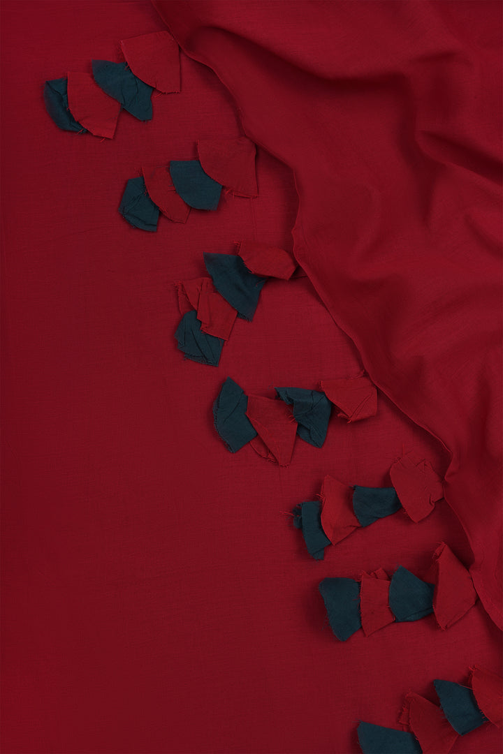 Teejh Very Cherry Maroon and Dark Green Mulmul Saree