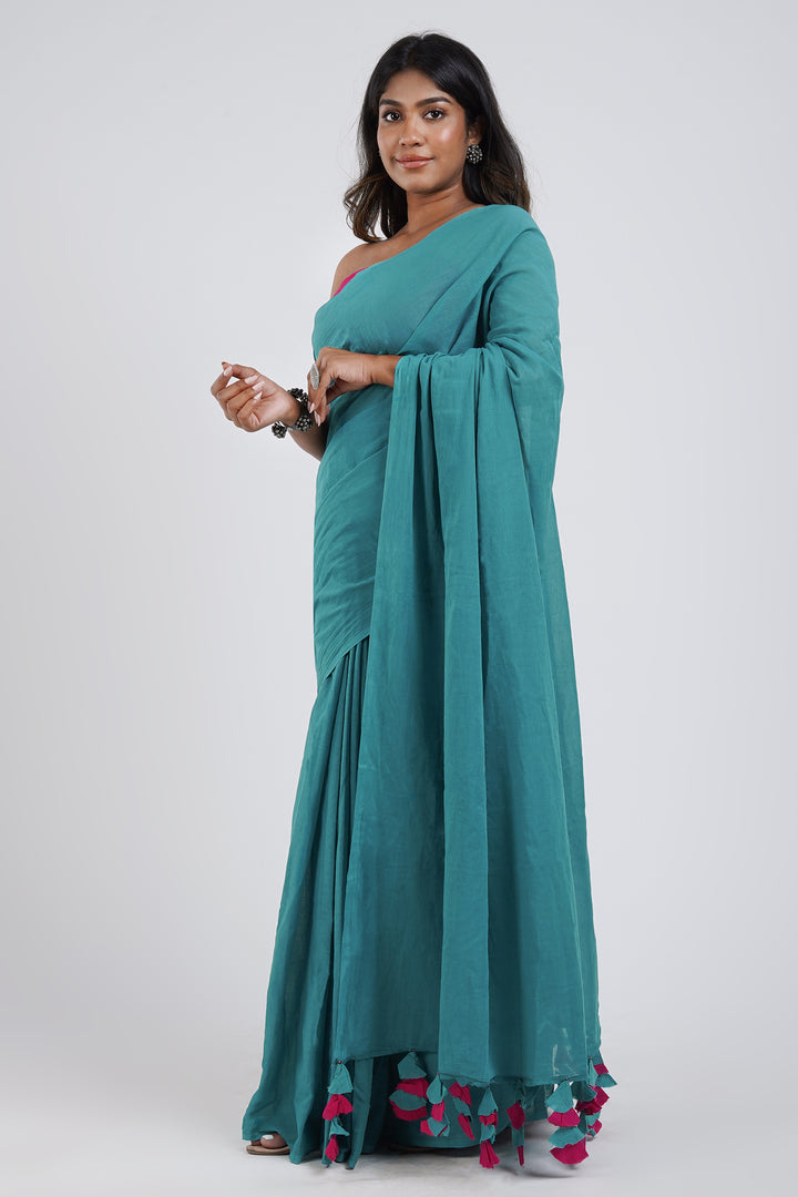 Teejh Cotton Candy Turquoise and Hot Pink Mulmul Saree