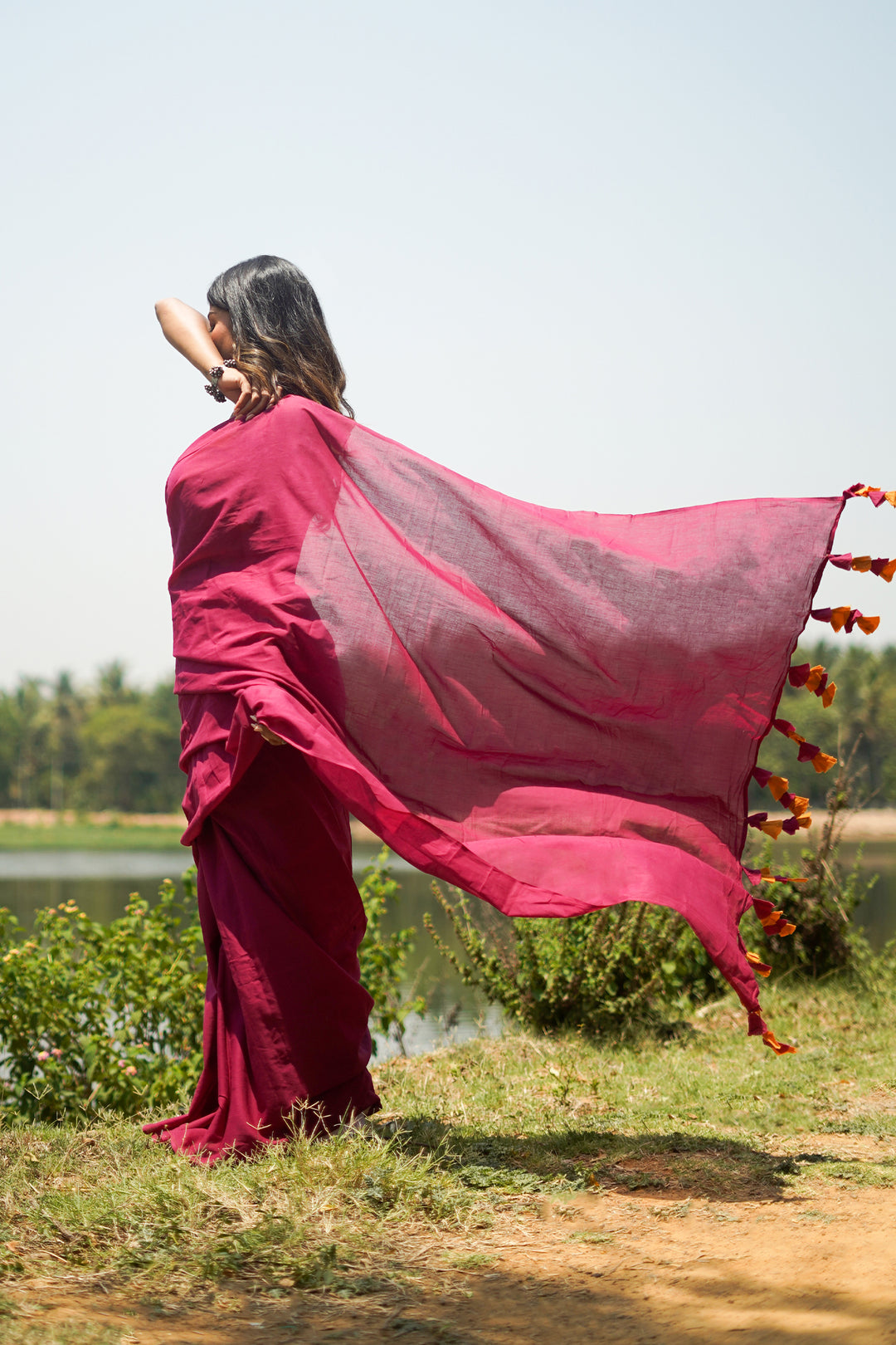 Teejh Spice Slice Magenta and Mustard Mulmul Saree