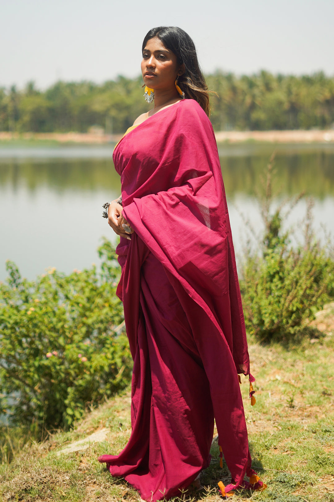 Teejh Spice Slice Magenta and Mustard Mulmul Saree
