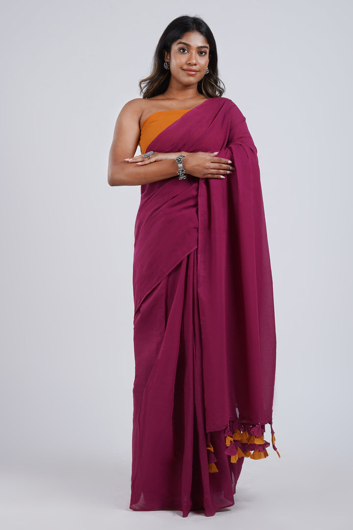 Teejh Spice Slice Magenta and Mustard Mulmul Saree