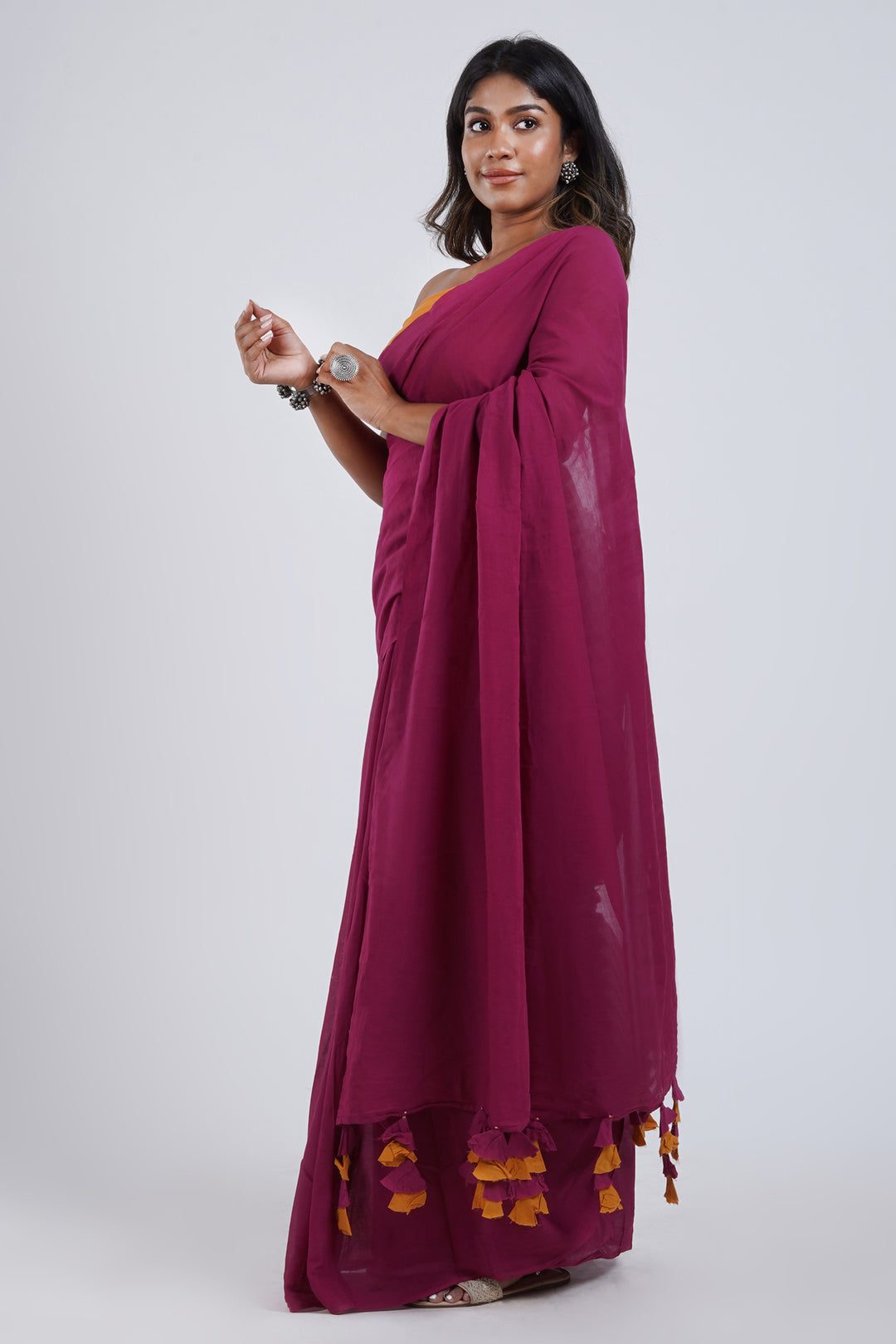 Teejh Spice Slice Magenta and Mustard Mulmul Saree