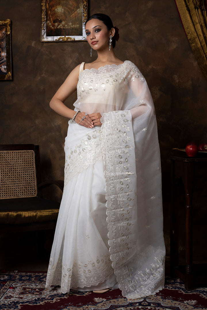 Teejh Bhrithi Off White Sequin Embroidery Organza Saree