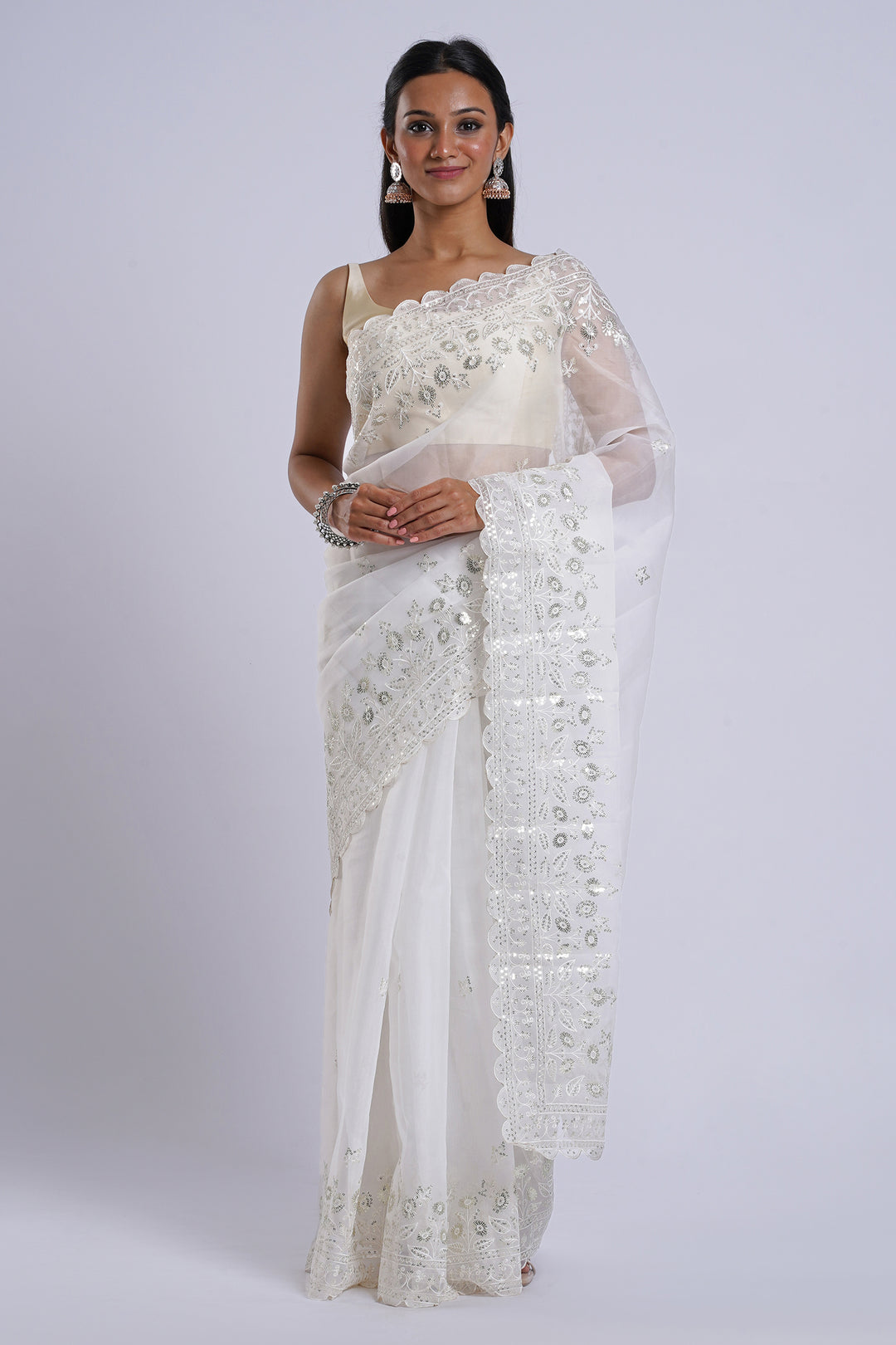 Teejh Bhrithi Off White Sequin Embroidery Organza Saree