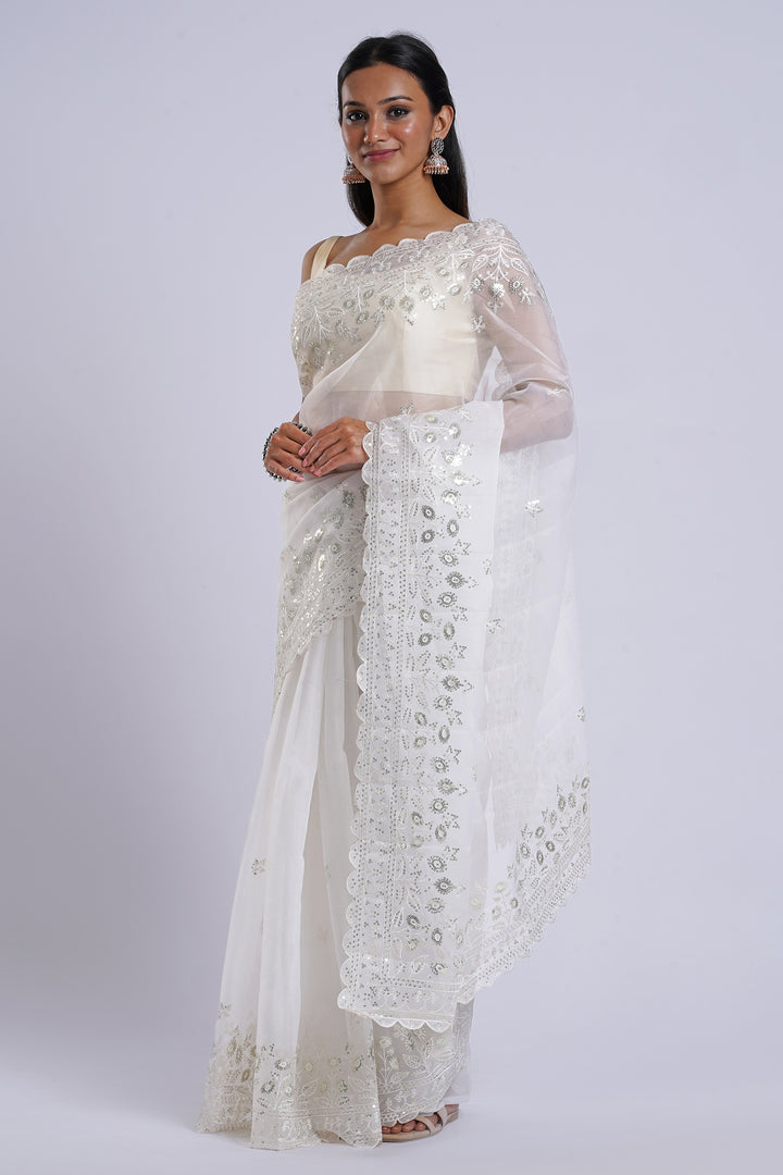 Teejh Bhrithi Off White Sequin Embroidery Organza Saree