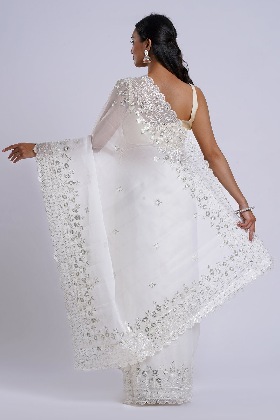 Teejh Bhrithi Off White Sequin Embroidery Organza Saree