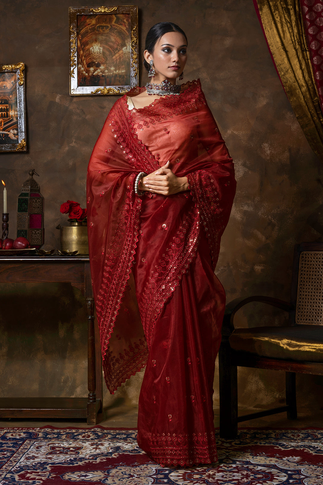 Teejh Iylia Dark Red Sequin Embroidery Organza Saree