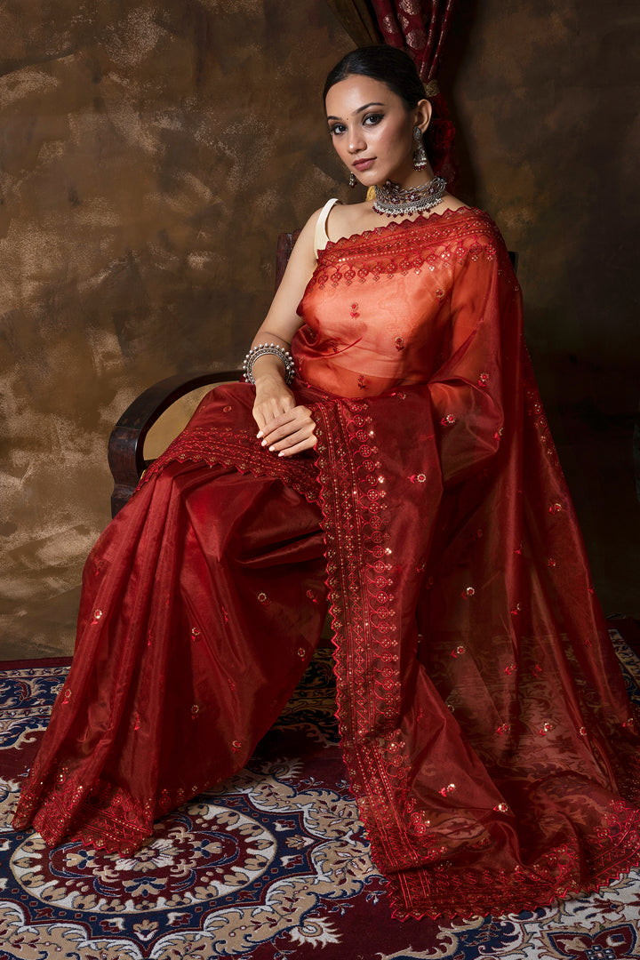 Teejh Iylia Dark Red Sequin Embroidery Organza Saree