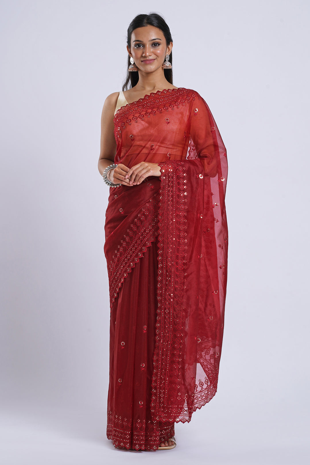 Teejh Iylia Dark Red Sequin Embroidery Organza Saree