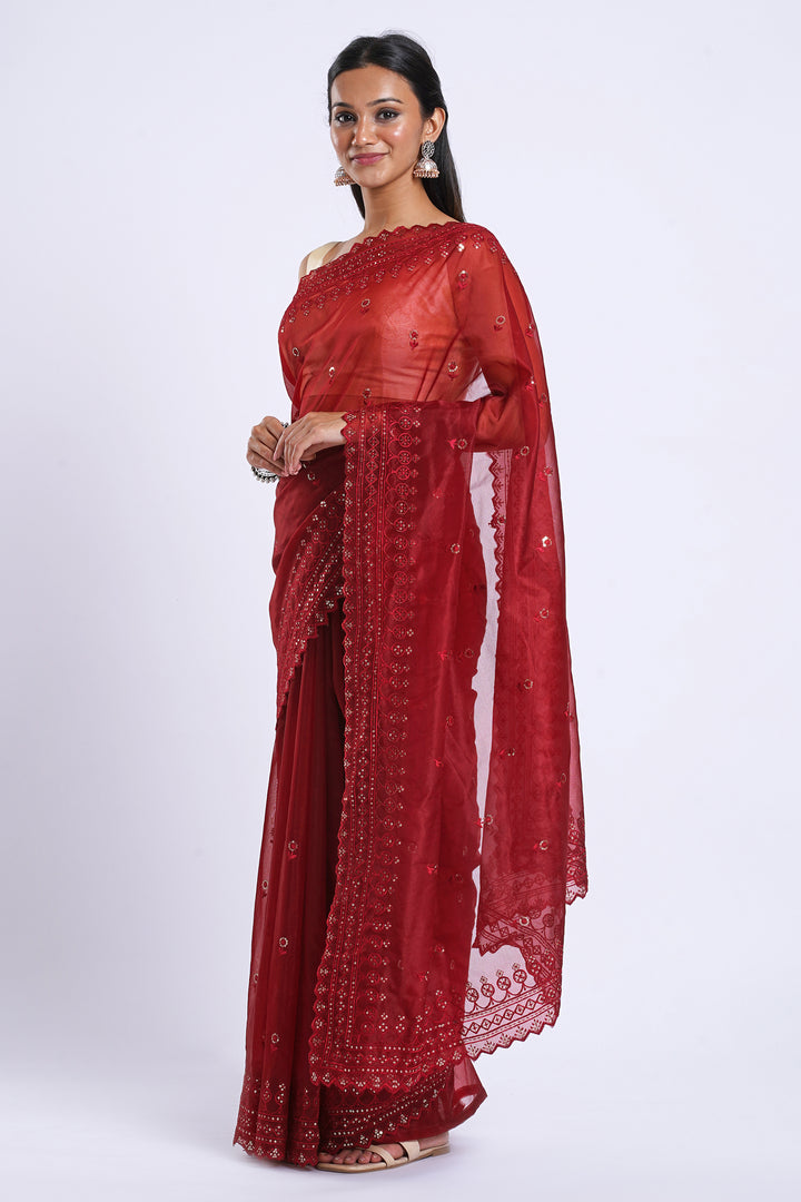 Teejh Iylia Dark Red Sequin Embroidery Organza Saree