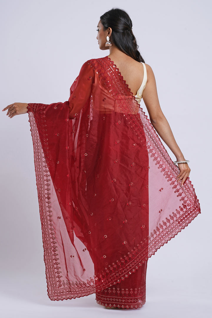 Teejh Iylia Dark Red Sequin Embroidery Organza Saree