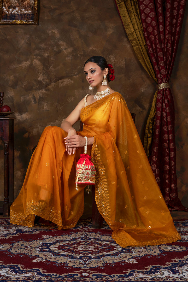 Teejh Indali Mustard Yellow Sequin Embroidery Organza Saree