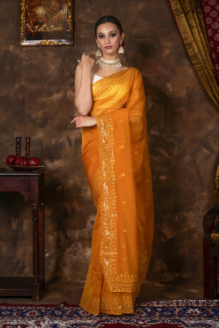 Teejh Indali Mustard Yellow Sequin Embroidery Organza Saree