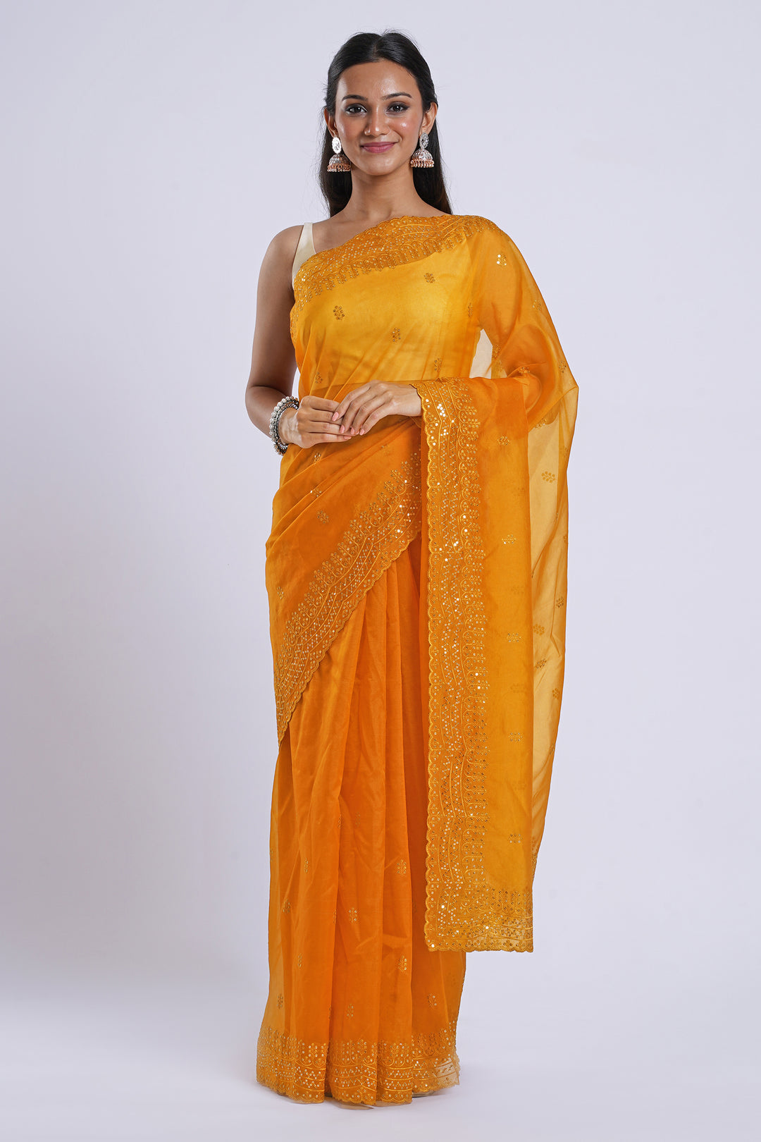 Teejh Indali Mustard Yellow Sequin Embroidery Organza Saree
