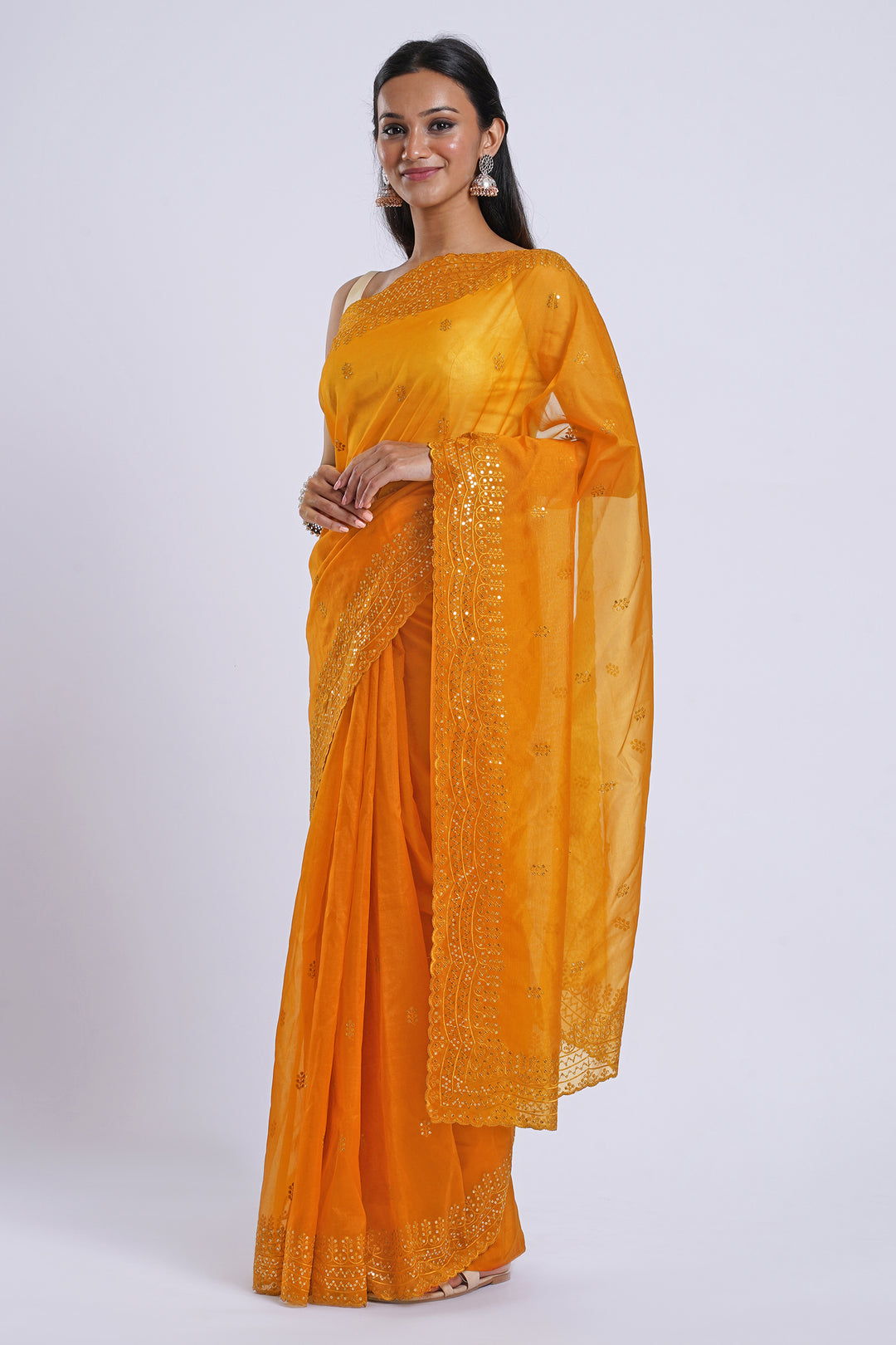 Teejh Indali Mustard Yellow Sequin Embroidery Organza Saree