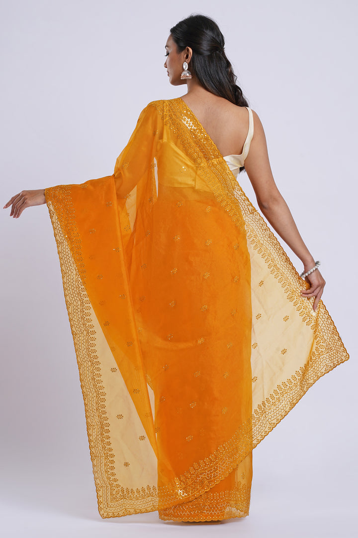 Teejh Indali Mustard Yellow Sequin Embroidery Organza Saree