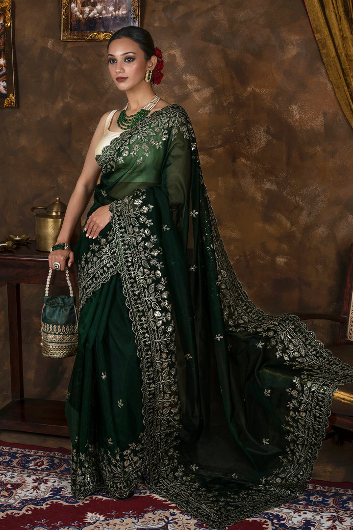 Teejh Irahi Forest Green Sequin Embroidery Organza Saree