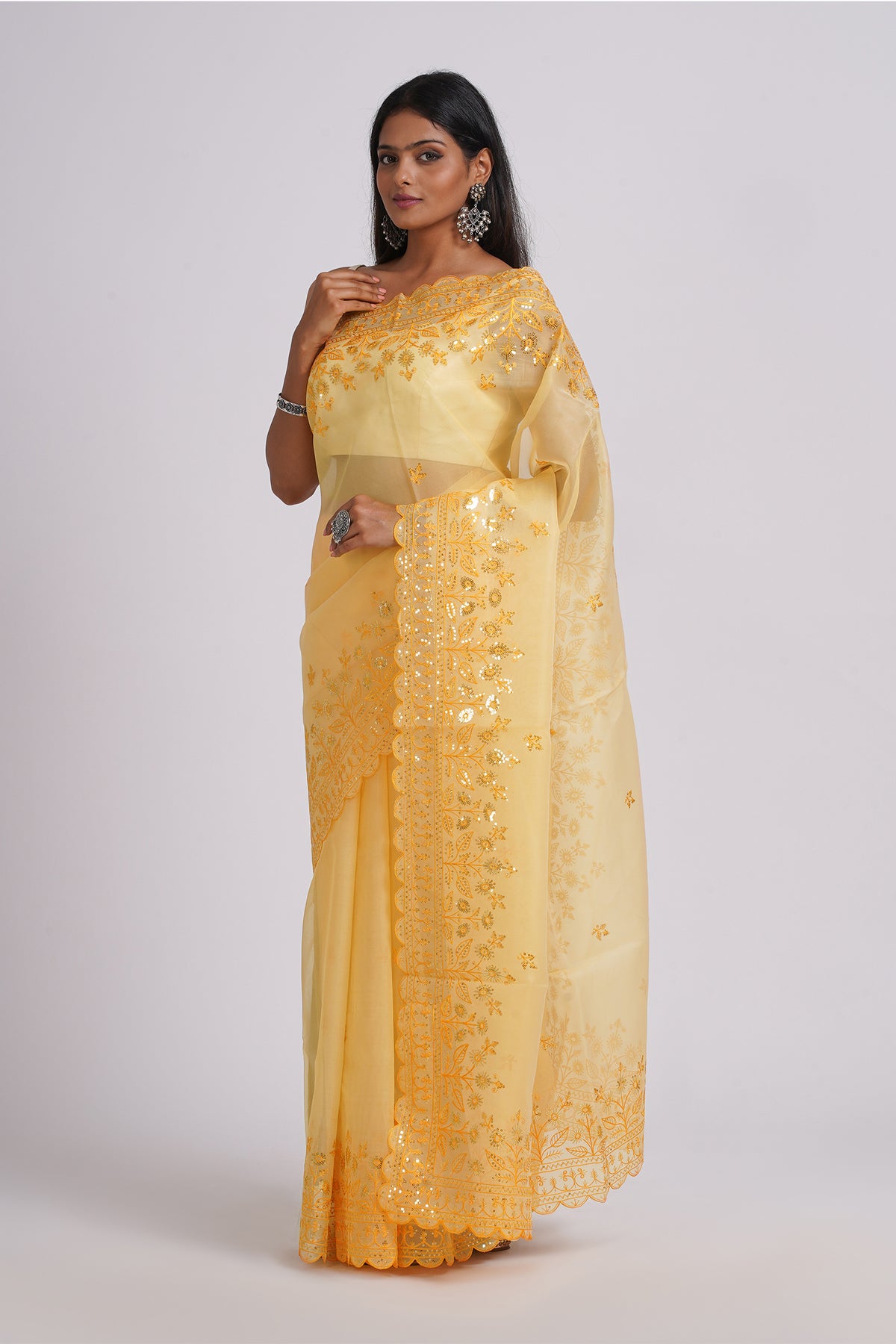 Teejh Rania Light Yellow Sequin Embroidery Organza Saree