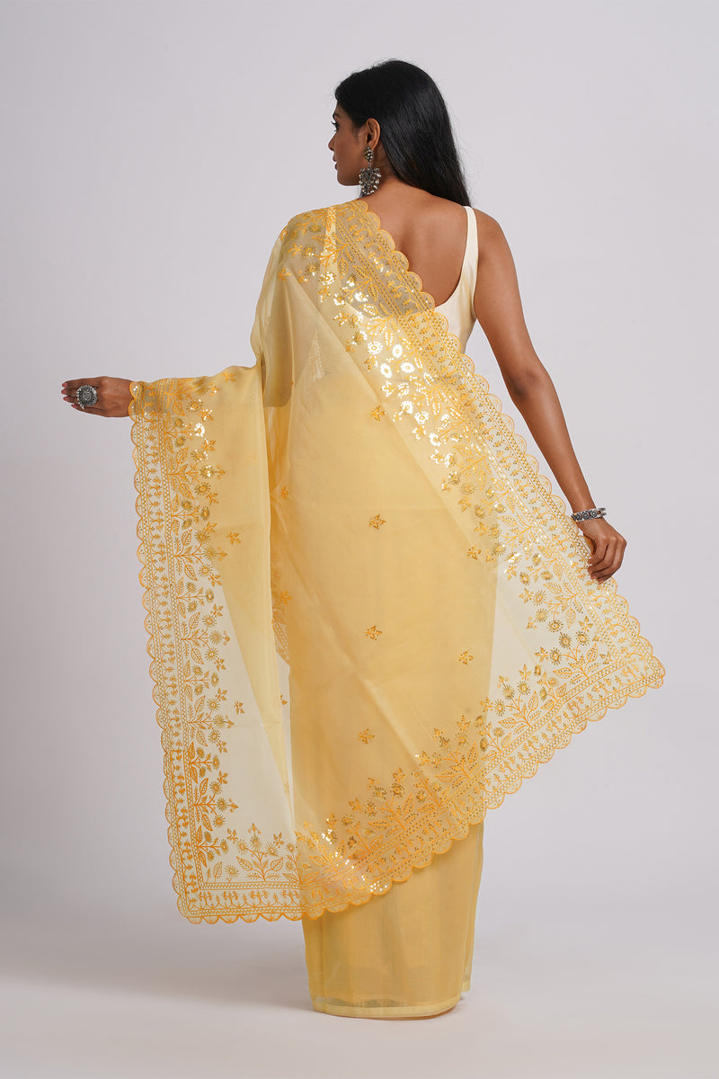 Teejh Rania Light Yellow Sequin Embroidery Organza Saree