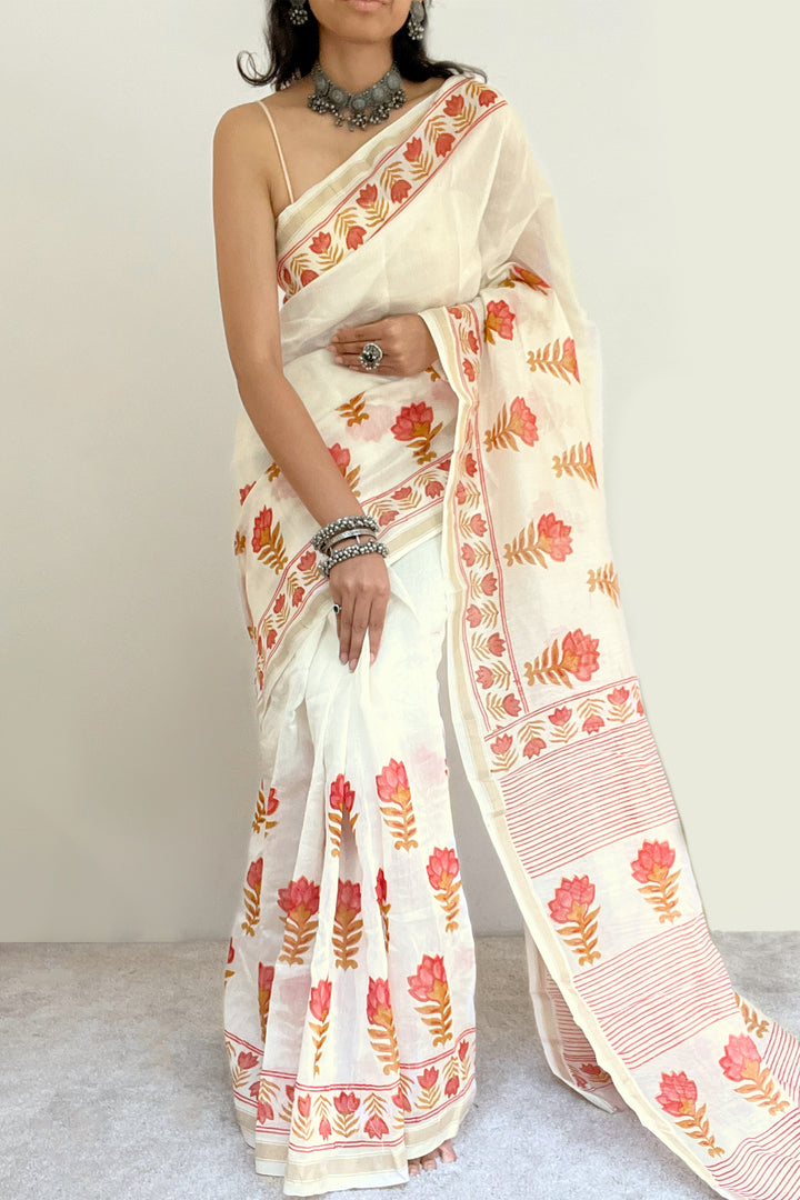 Teejh Baag-E-Gulaab Red and Caramel Block Print Chanderi Silk Saree